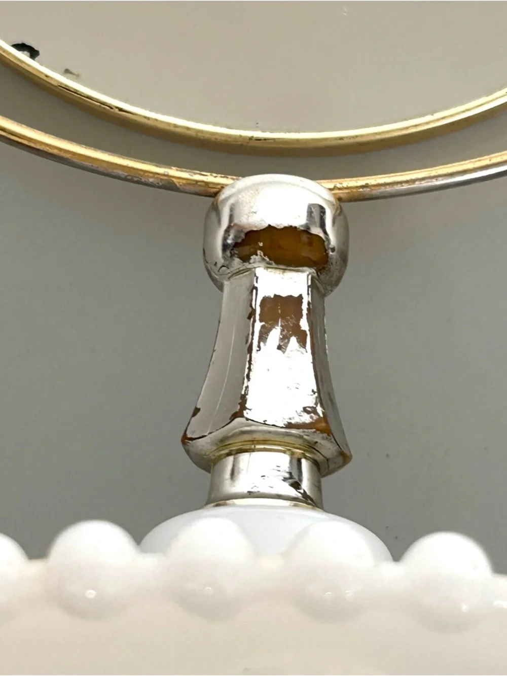 Vintage White Milk Glass Beaded Vanity Mirror with Gold Frame 1930’s